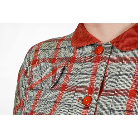 Vintage 1940s/50s Wool Plaid Button-up Shirt-Waist Dress w Corduroy Collar | S/M - Picture 9 of 10